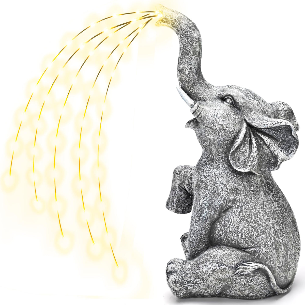 GIGALUMI solar elephant statue with water-flow lights brightening garden paths at night.