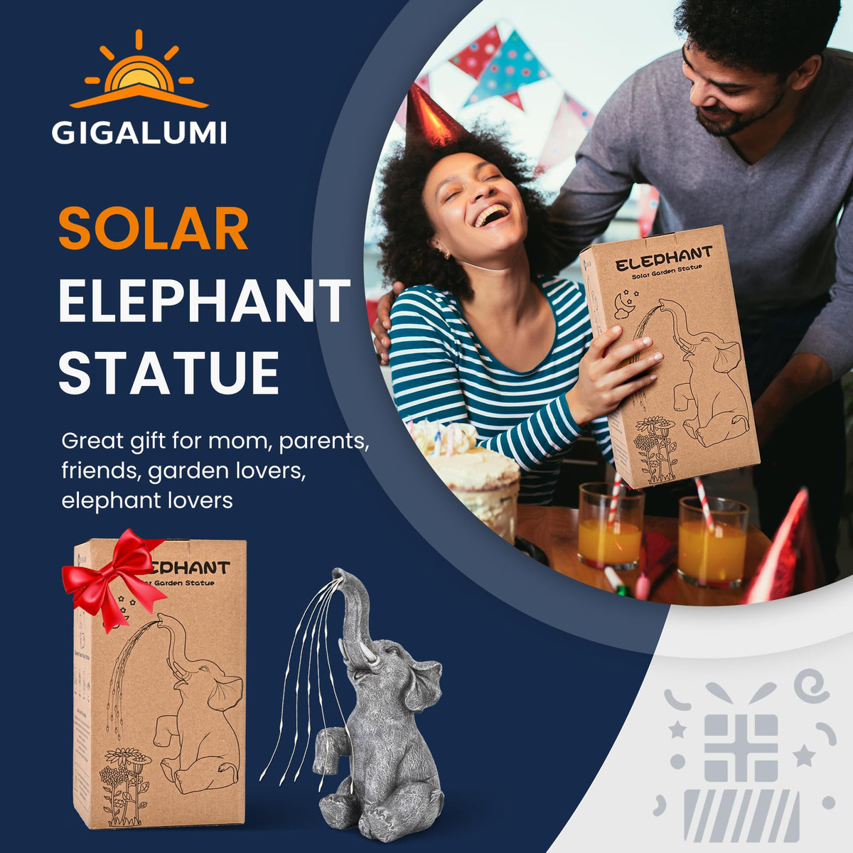GIGALUMI elephant garden statue, side view, solar-powered lights brighten patios after sunset.