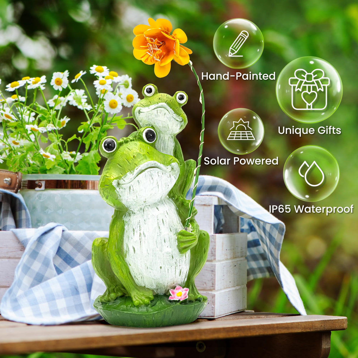 GIGALUMI solar-powered flower illuminates at night, creating a welcoming glow after dusk.