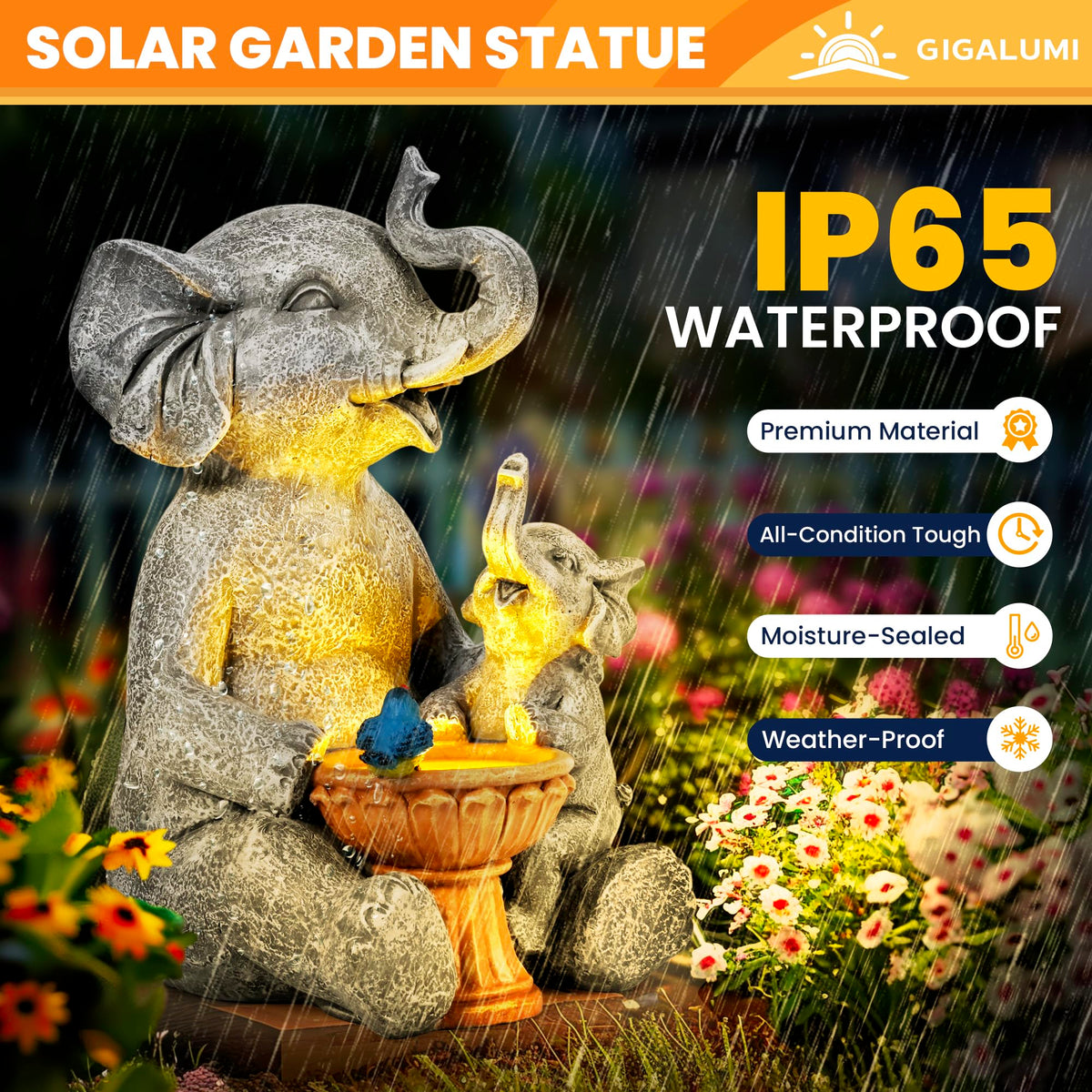 GIGALUMI solar powered garden light elephant brightens pathways softly.