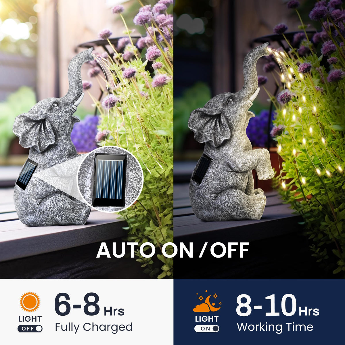 GIGALUMI water-sprinkling elephant figurine, top-angle shot, adds warm ambiance to garden or patio.
