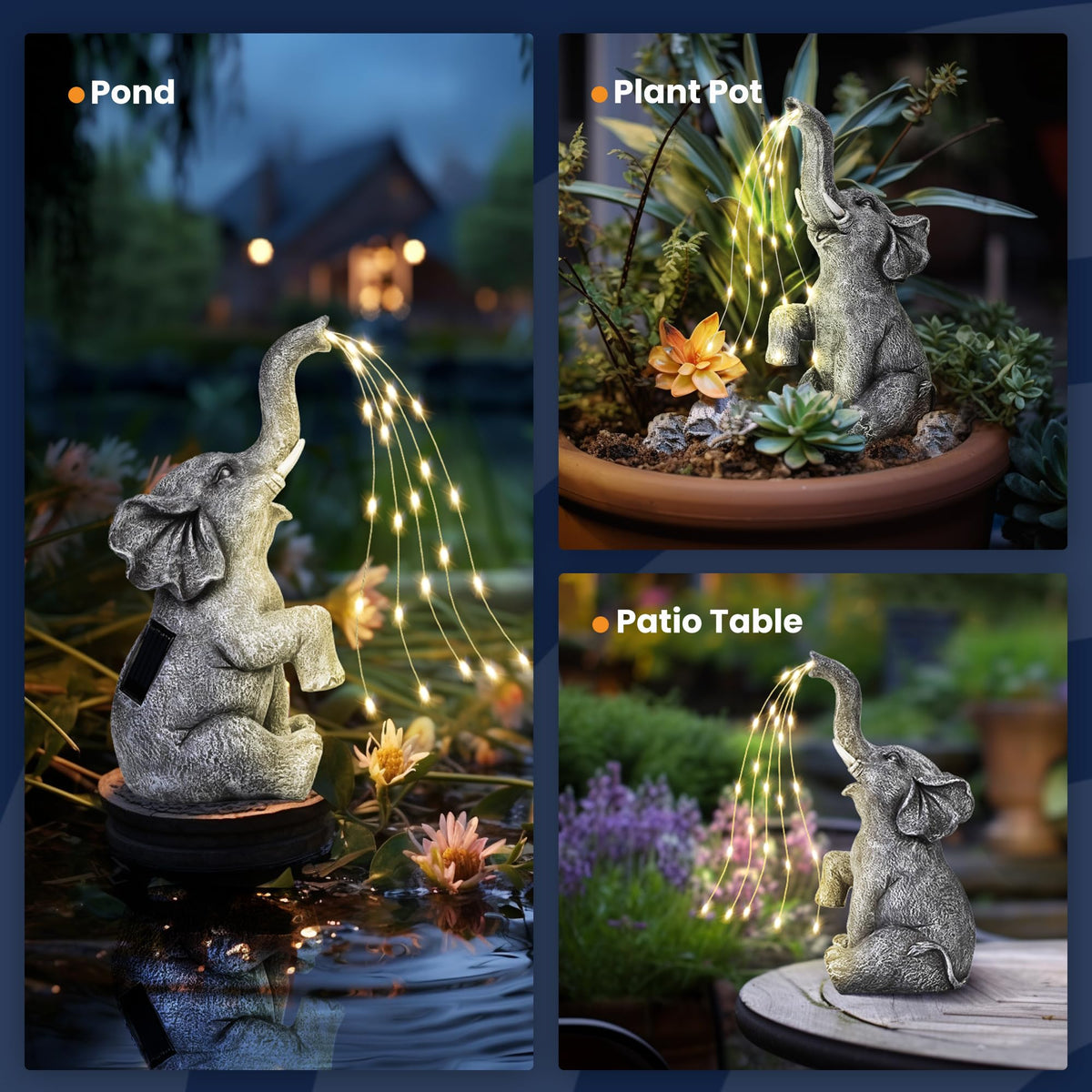 GIGALUMI outdoor elephant ornament, weather-ready resin, ideal for balcony or lawn lighting.