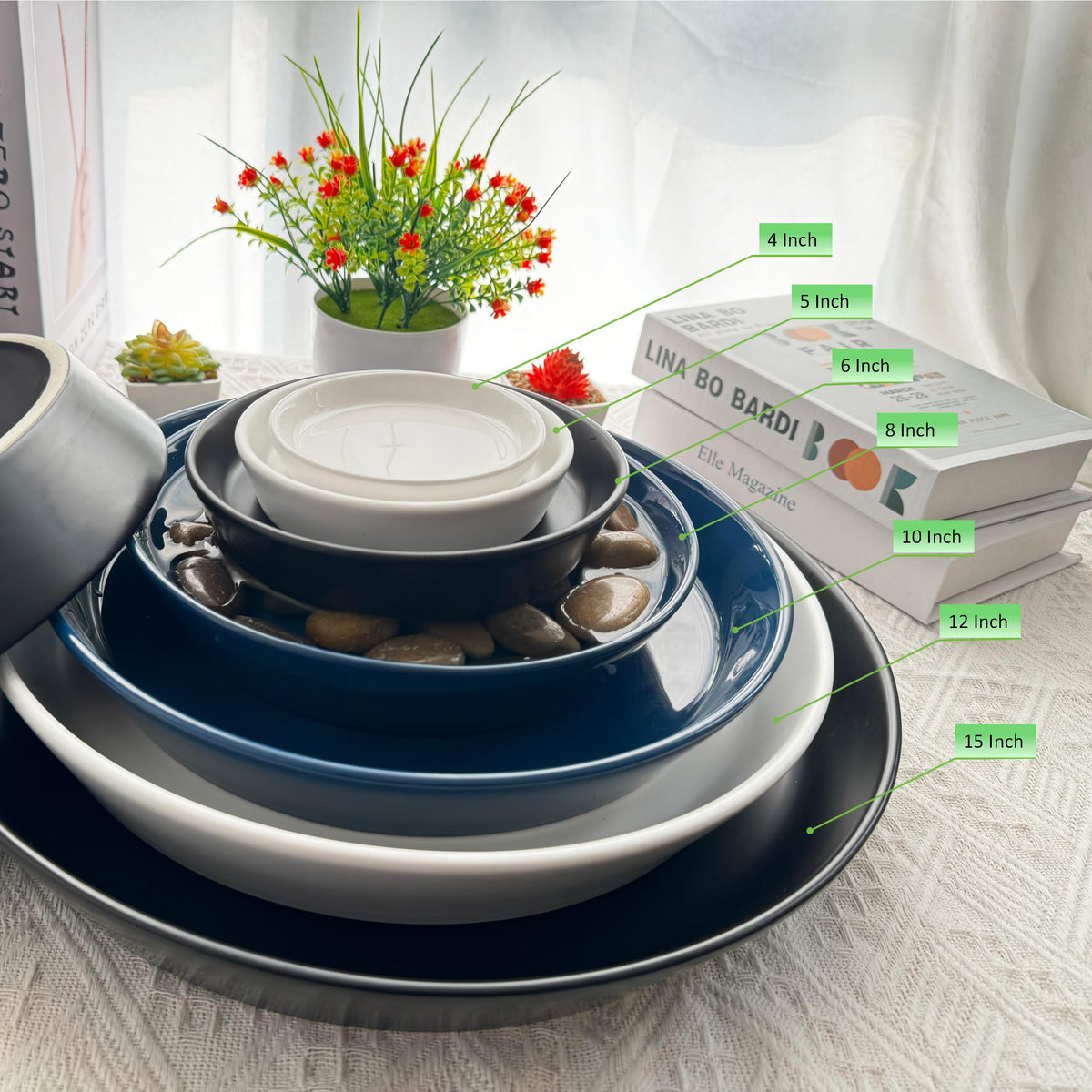 GIKUPOM deep-rim ceramic saucer designed to guide water and keep pots elevated.