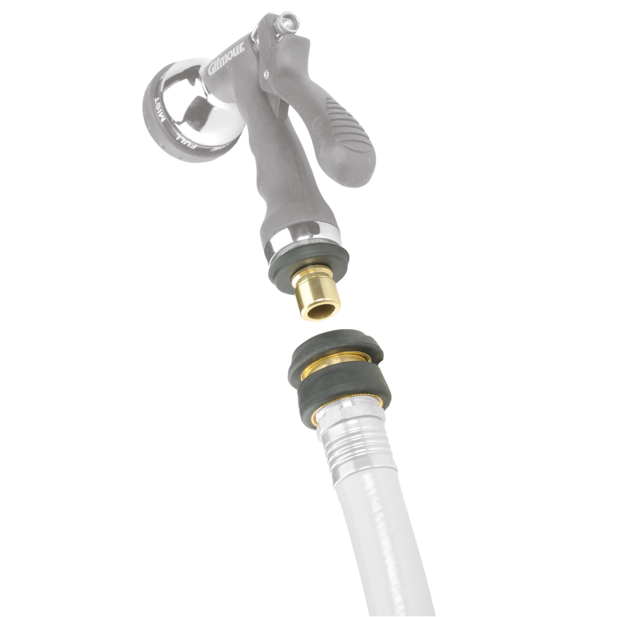 Gilmour 2pc hose connector set demonstrates push-pull ring for easy on/off.