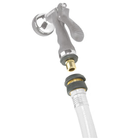 Gilmour 2pc hose connector set demonstrates push-pull ring for easy on/off.