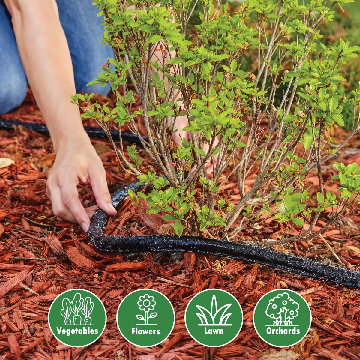 Gilmour drip irrigation hose designed for garden beds and dense planting.