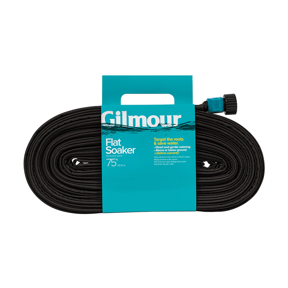 Gilmour flat weeper hose showing a 75ft length for efficient root watering.