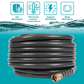 Gilmour Flexogen 100 ft hose provides reliable reach for garden beds and tasks.