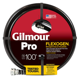 GILMOUR Flexogen Pro Hose 5/8in x 100ft coiled for easy storage and quick setup.