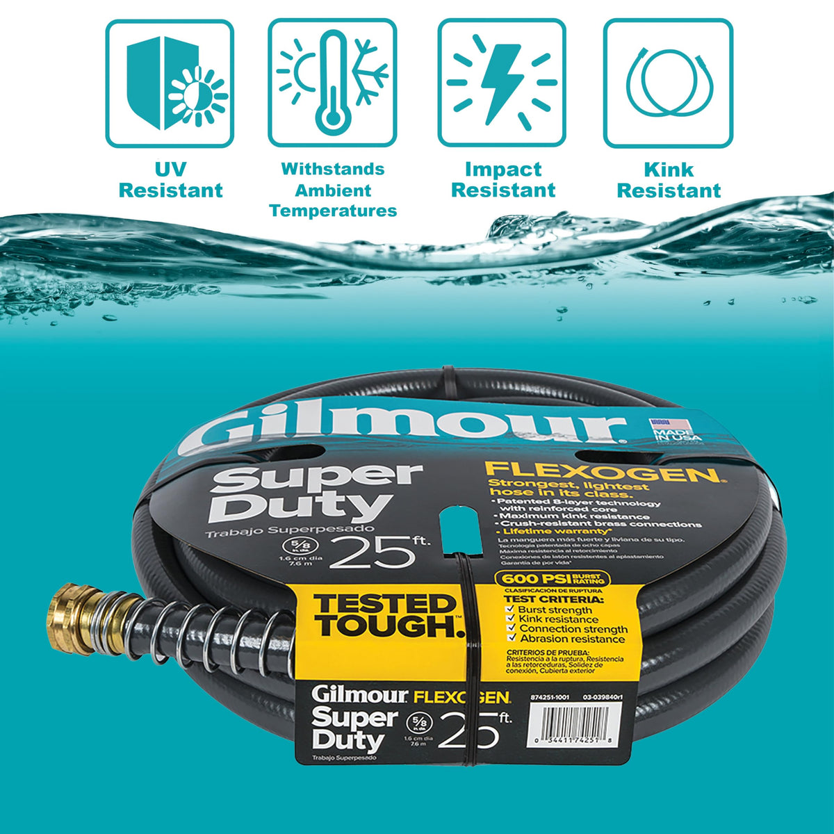 Gilmour Flexogen hose with stainless steel spring preventing kinks at the spigot