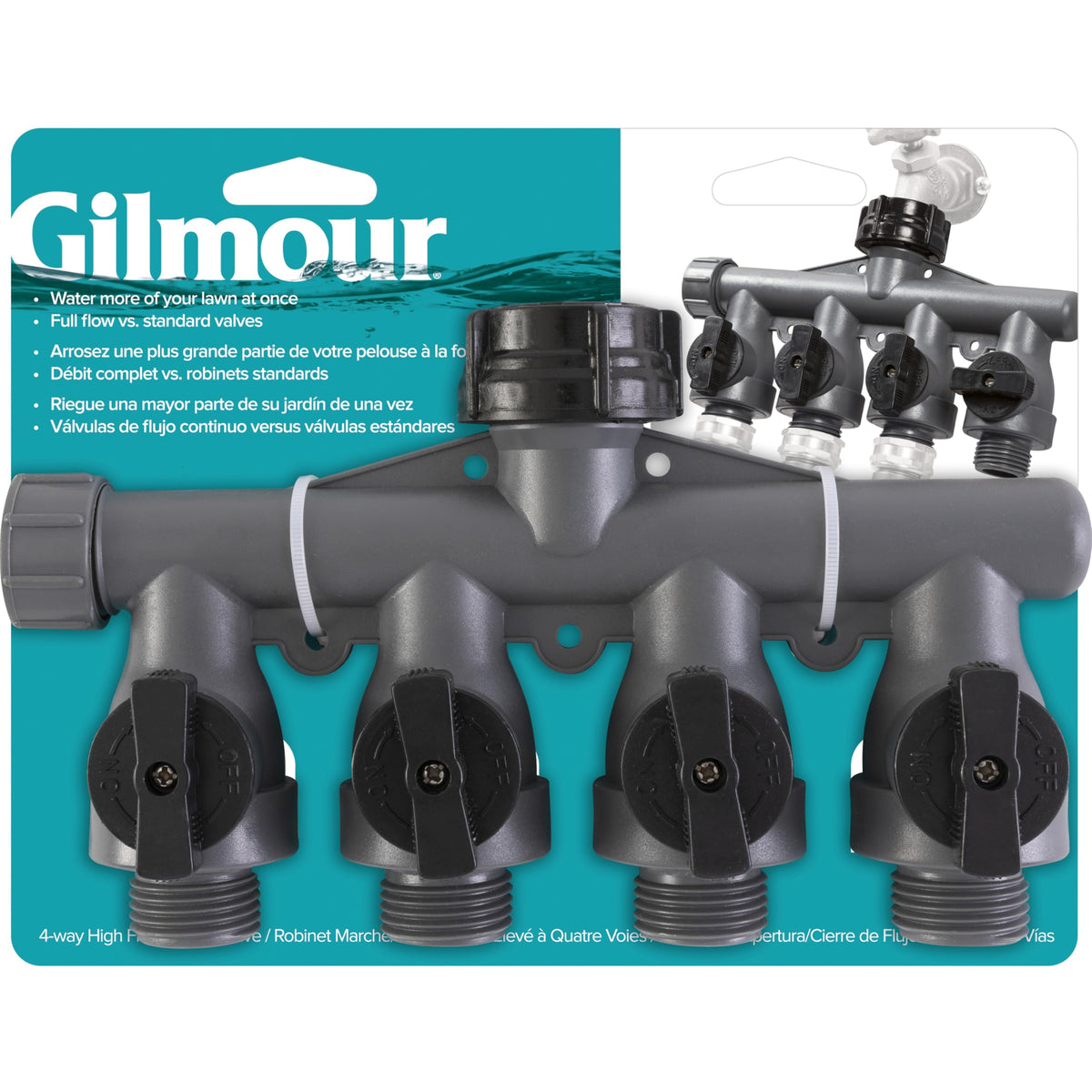 Gilmour heavy-duty 4-way hose splitter on faucet for even watering across multiple hoses