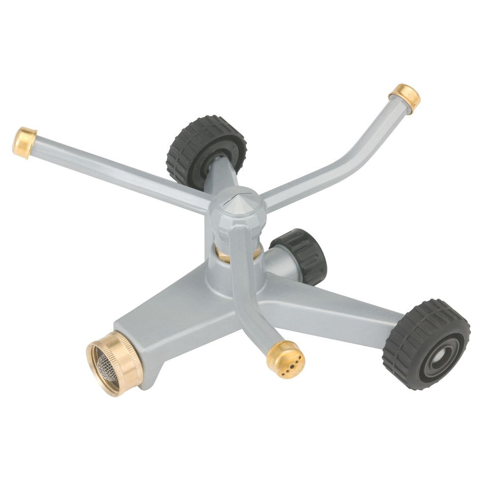 Gilmour heavy-duty sprinkler with wheeled base delivering 360° garden coverage