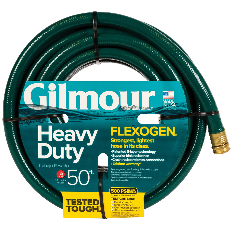Gilmour heavy-duty Flexogen hose coiled for easy storage and watering.