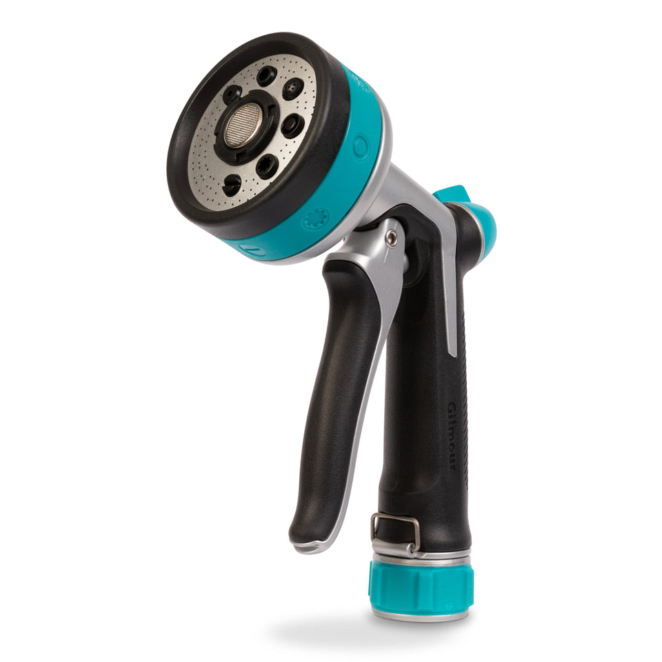 Gilmour heavy-duty front-control nozzle with eight adjustable spray patterns for precise watering.