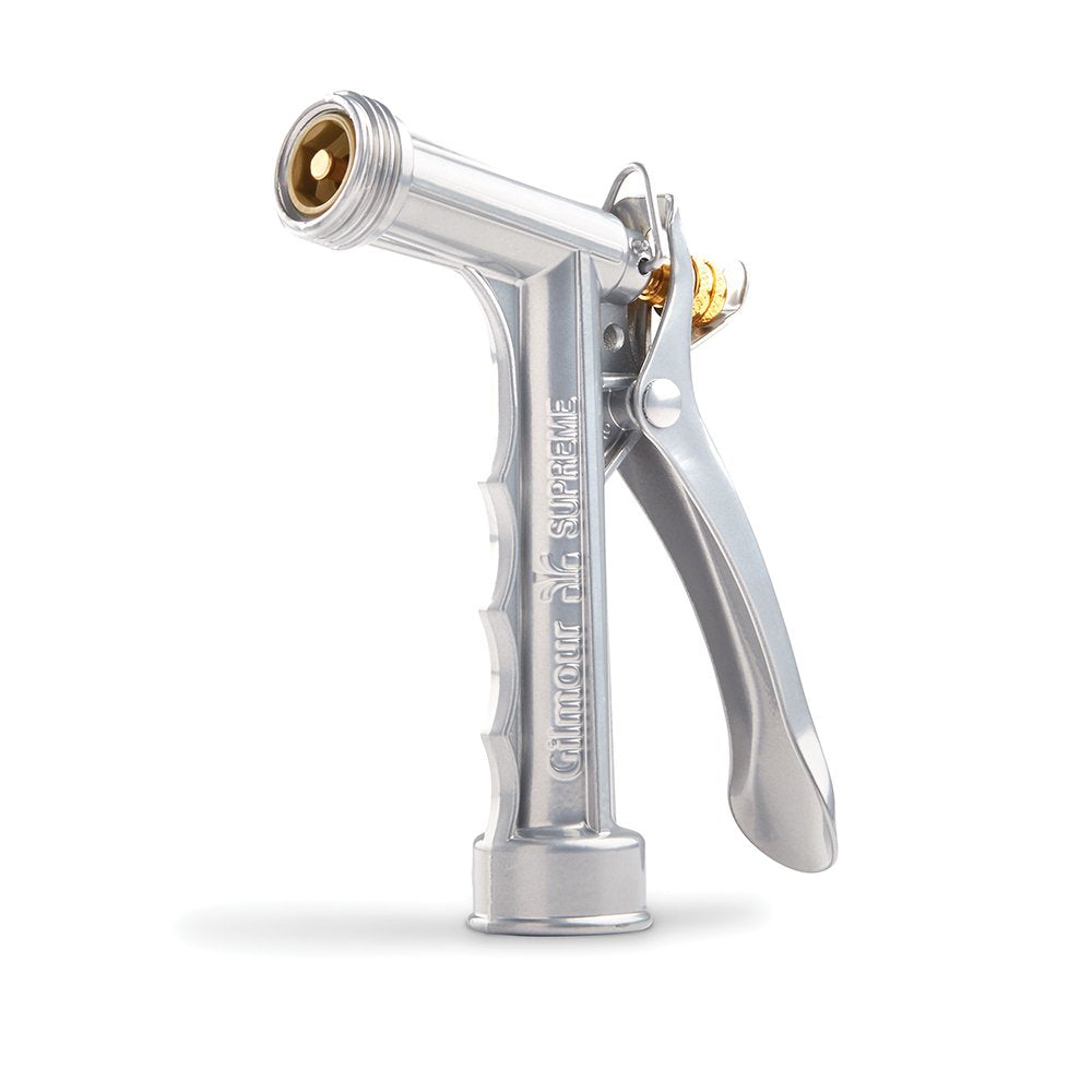 Gilmour metal front view hose nozzle highlighting durable construction for steady water spray.