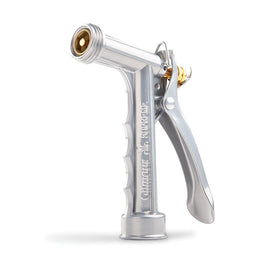 Gilmour metal front view hose nozzle highlighting durable construction for steady water spray.