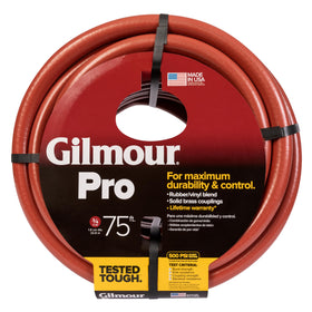 Gilmour Pro 75ft hose with abrasion-resistant red cover protects surfaces during outdoor watering.