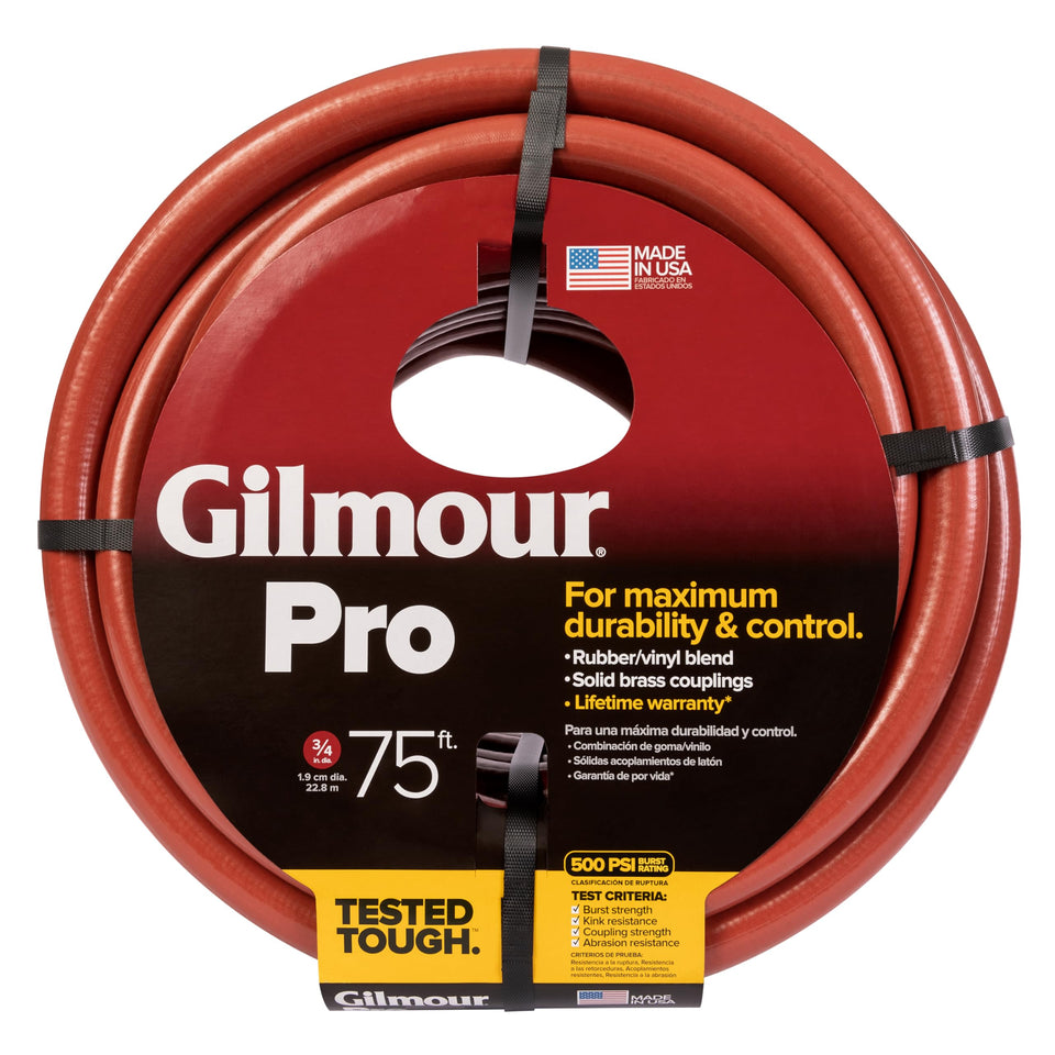 Gilmour Pro 75ft hose with abrasion-resistant red cover protects surfaces during outdoor watering.