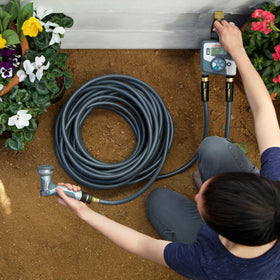 Gilmour push-fit brass fittings work with standard hoses, nozzles, and sprinklers.