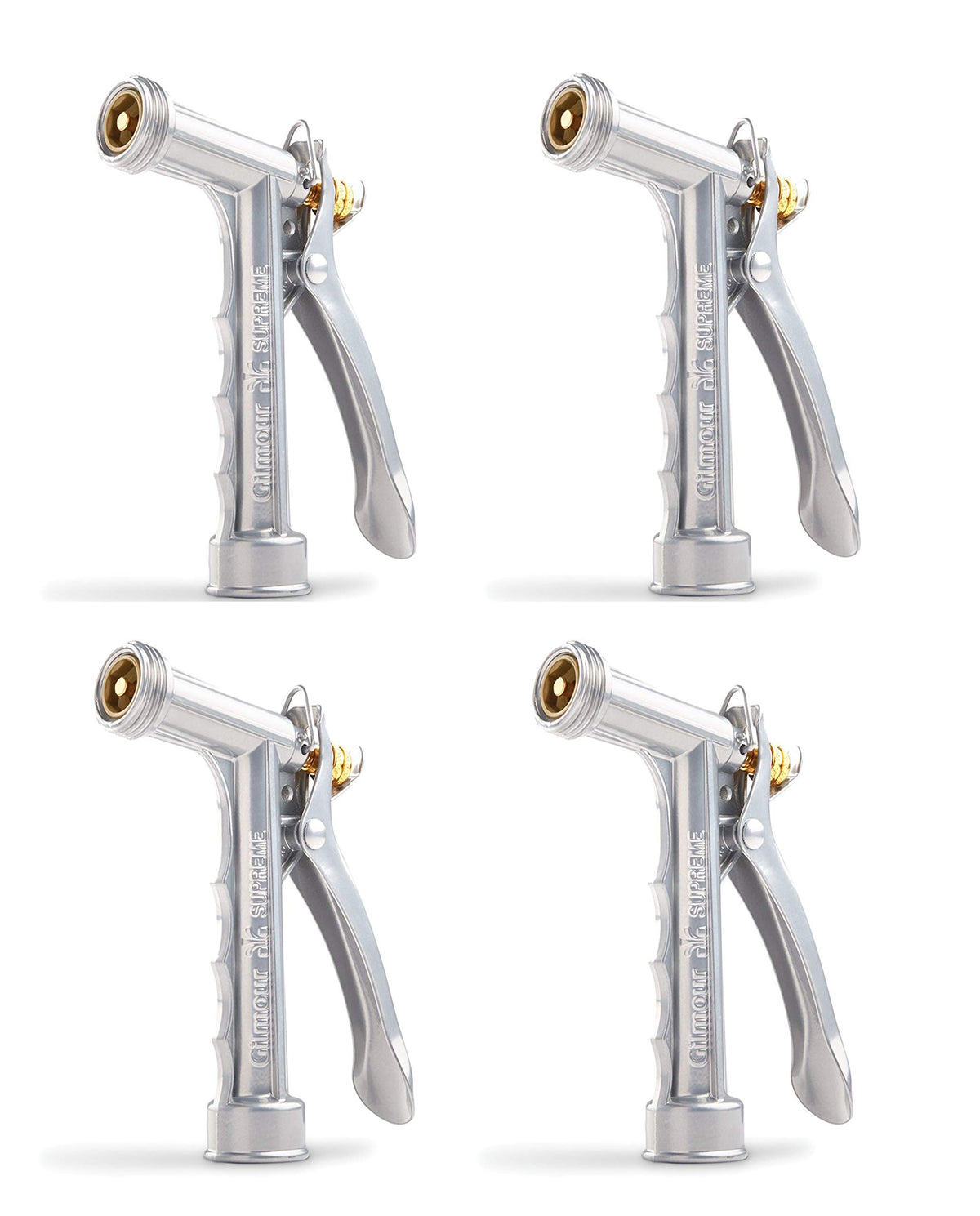 Gilmour solid metal hose nozzle with front thread for secure attachments and durable performance.