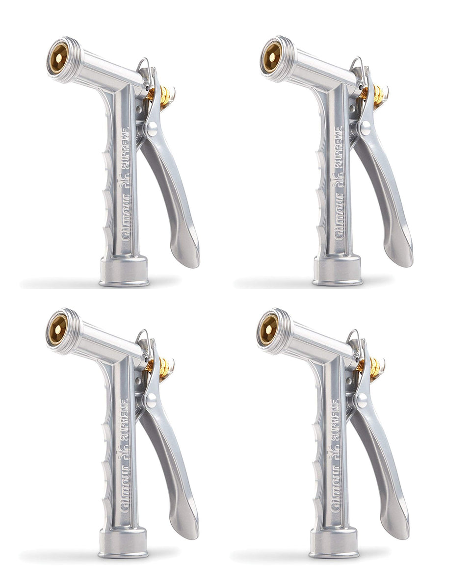 Gilmour solid metal hose nozzle with front thread for secure attachments and durable performance.