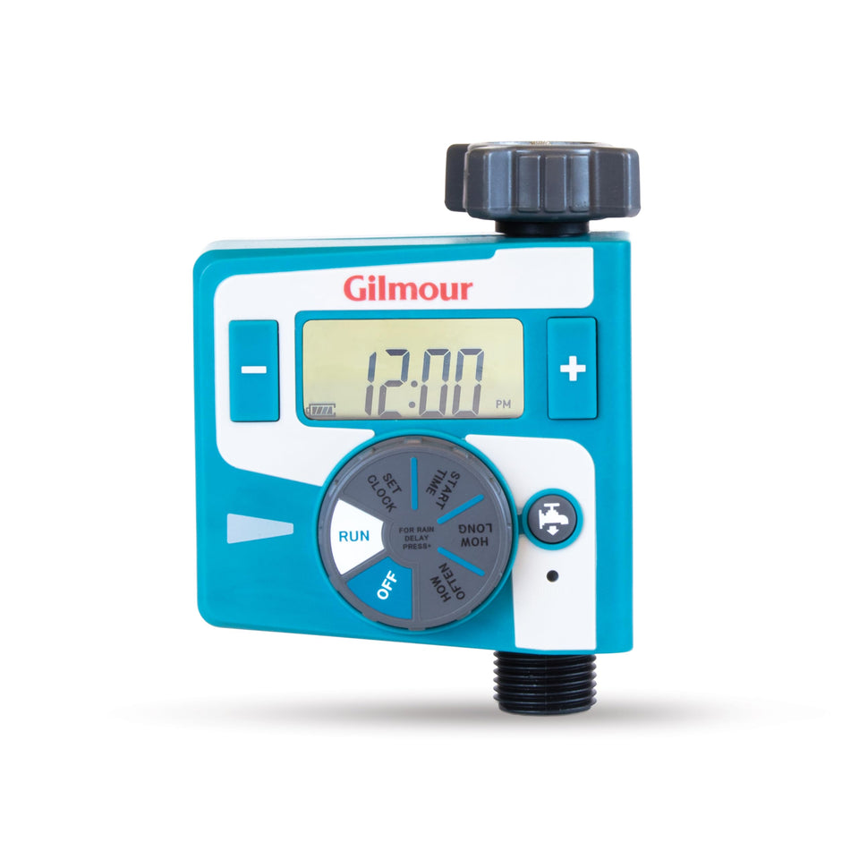 Gilmour timer front view showing simple setup for garden irrigation