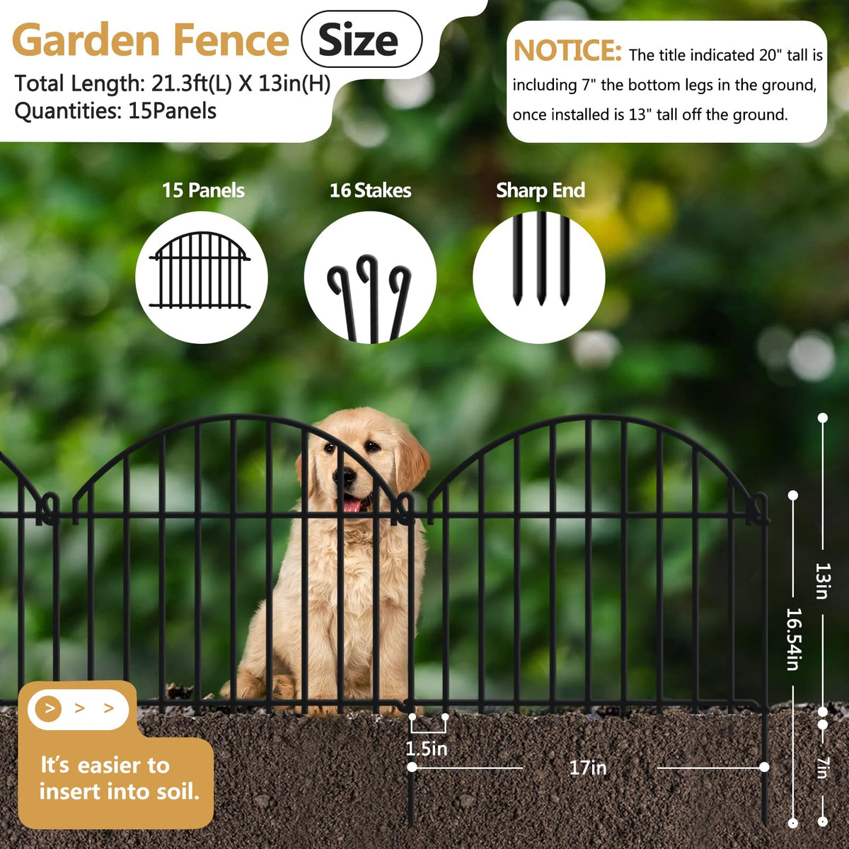GILPWA 21.25ft fence with ground stakes secures garden boundaries.