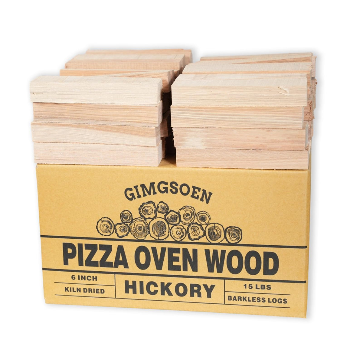 Gimgsoen Hickory pizza-oven wood 6-inch logs, neatly stacked for easy lighting.