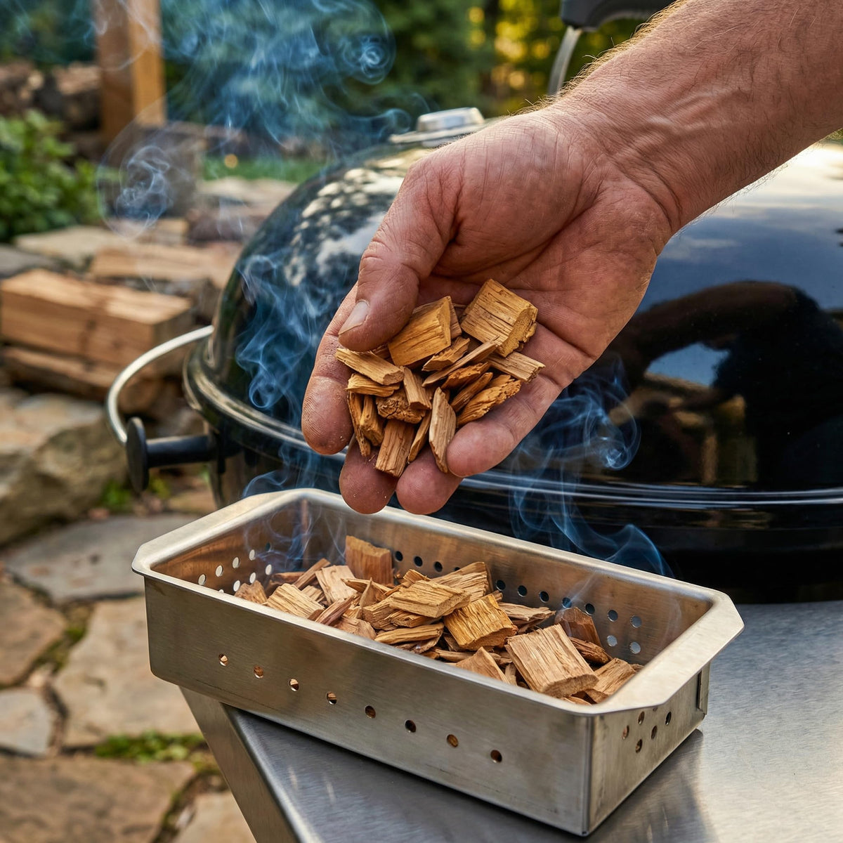Gimgsoen chips in action on beef brisket for rich smoky crust.