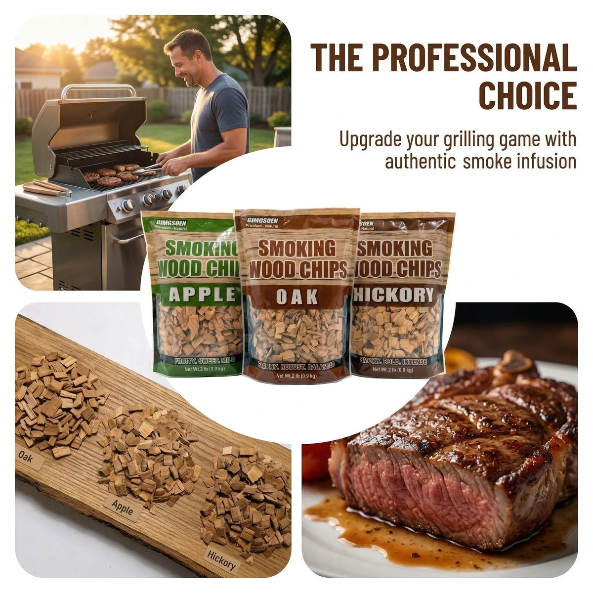 Gimgsoen mixed wood chips variety pack highlights Oak Apple and Hickory.
