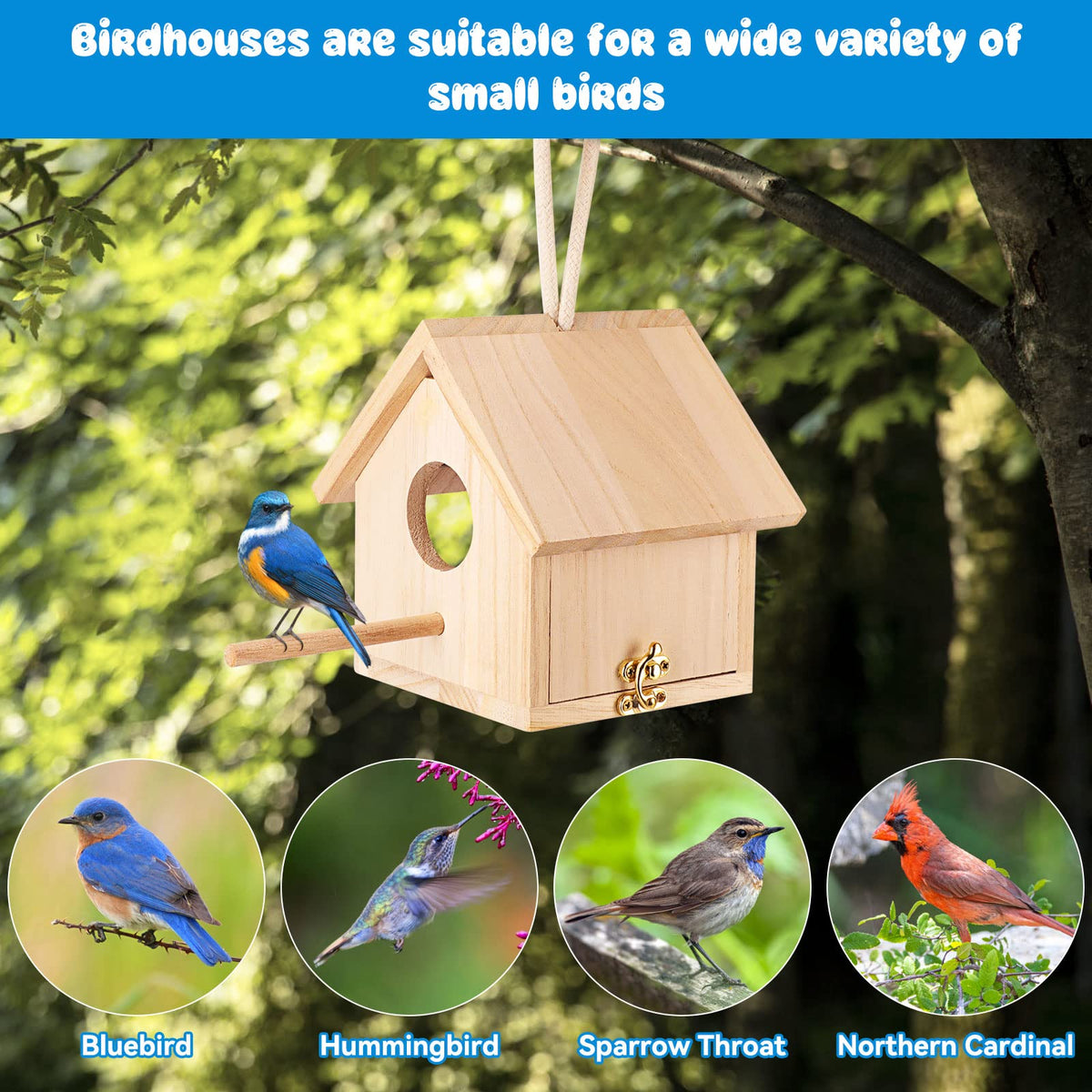 GINDOOR blue bird house dimensions 4.3 by 4.3 by 5.7 inches for small birds.