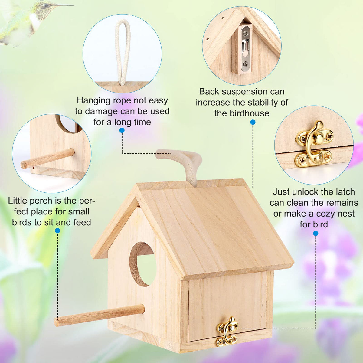 GINDOOR blue bird house hanging with rope, simple to position anywhere.
