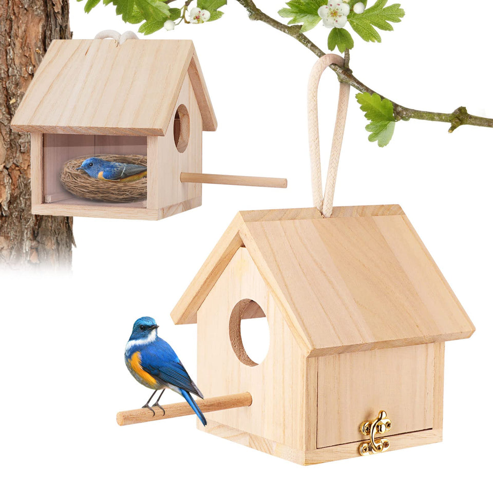 GINDOOR blue bird house on outdoor pole setup, ideal for easy garden installation.