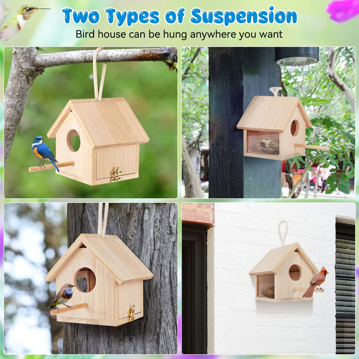 GINDOOR natural wooden bird house features durable construction for outdoor use.
