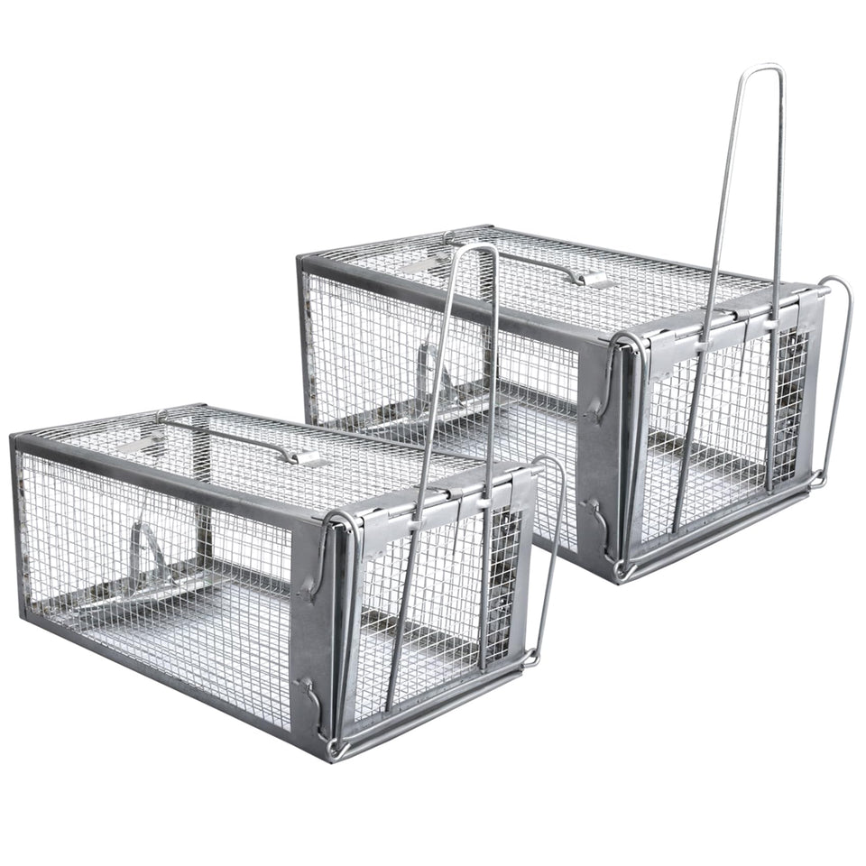 Gingbau humane trap front view shows compact galvanized steel for indoor placement.