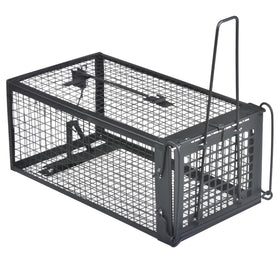 Gingbau live trap with closed door after capture for safe release.
