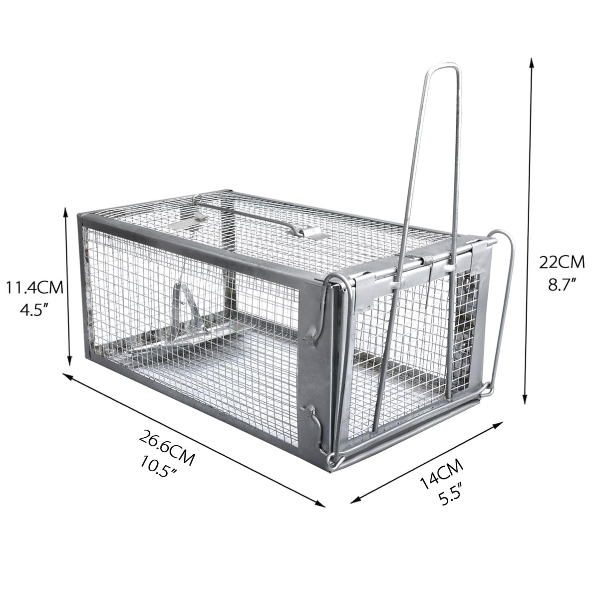 Gingbau trap size label shows 10.5 x 5.5 x 4.5 inches.