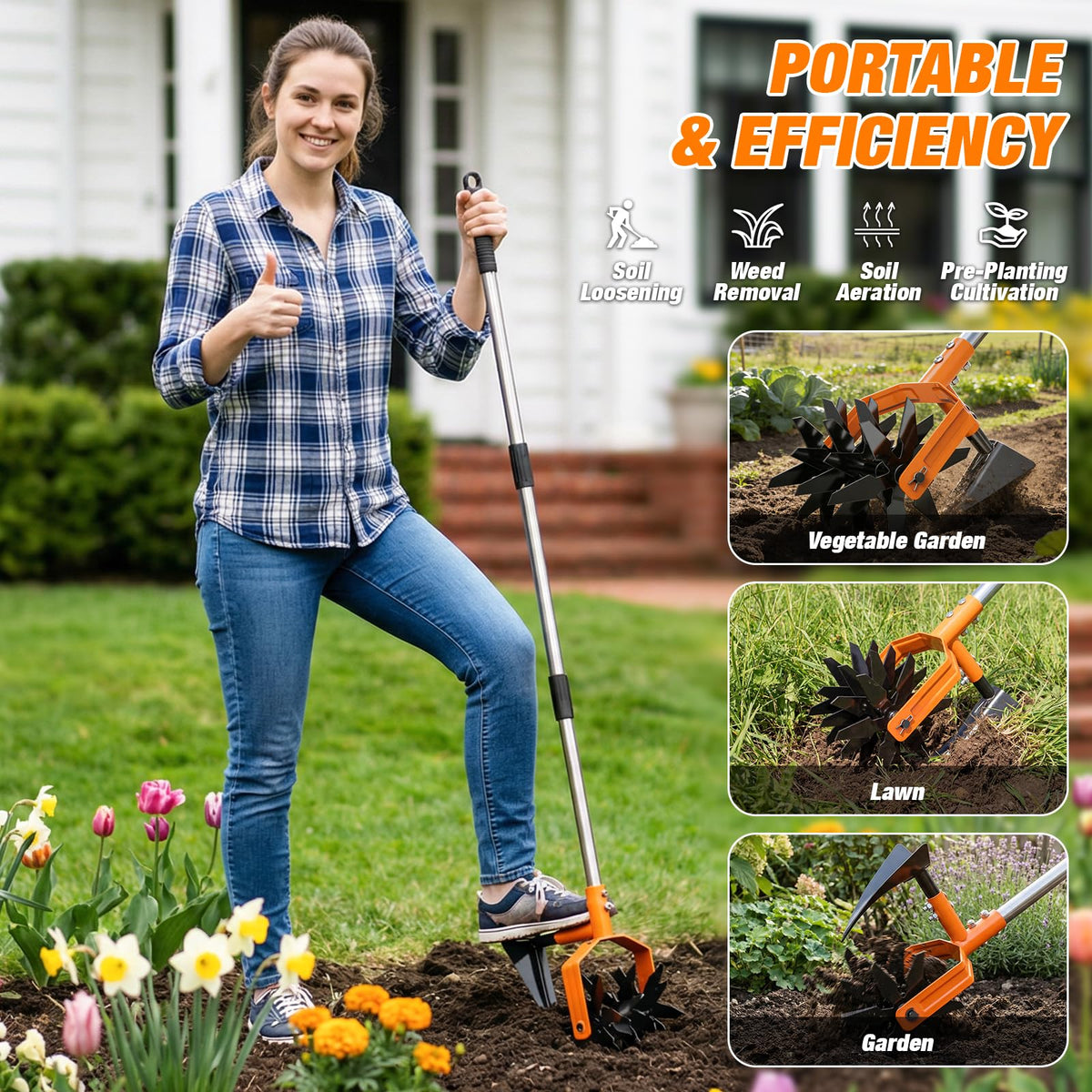 GINMIC Hand Tiller enhances lawn aeration and weed removal around plants