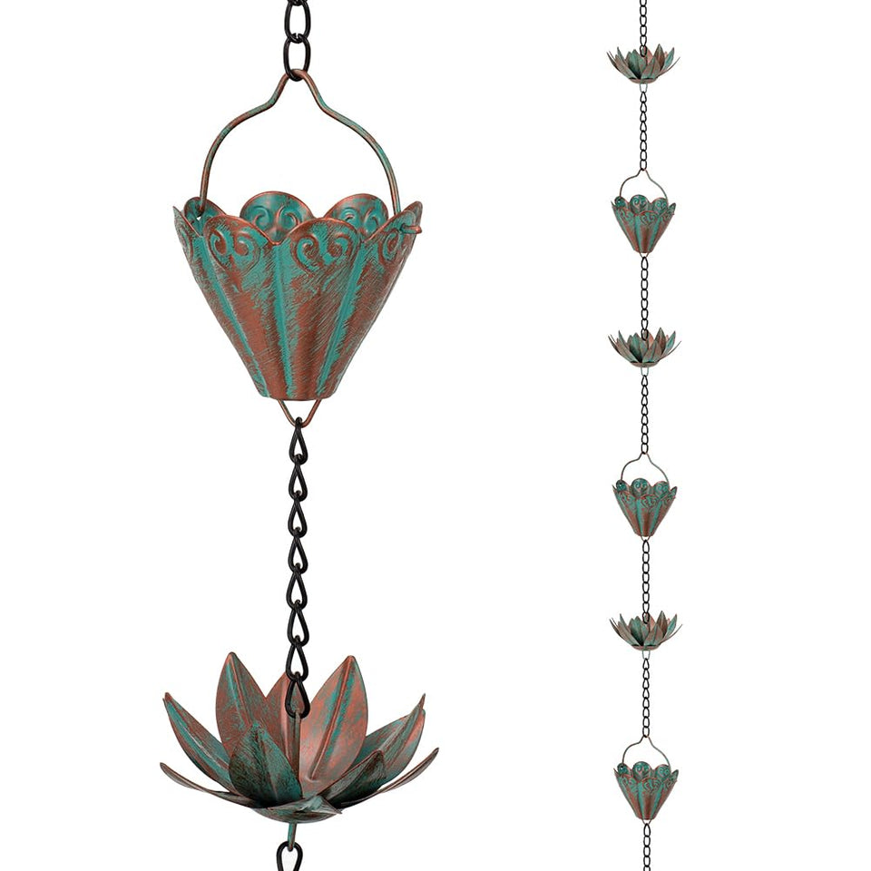 giole Lotus rain chains with 8 cups brighten gutters and enhance curb appeal.