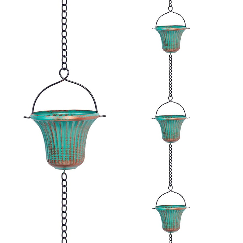 giole rain chain outdoor 11ft with 12 cups guides rain toward the garden.