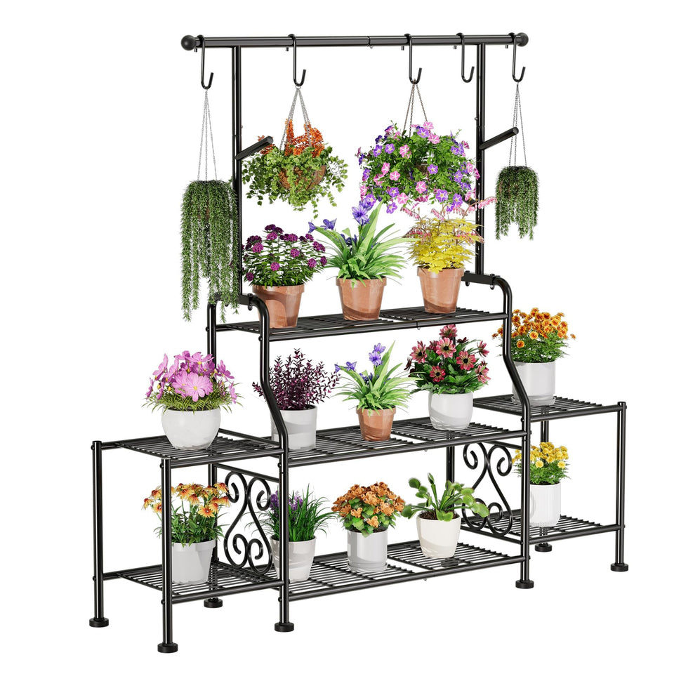 GIOTORENT 3-tier plant stand outdoors demonstrates space-saving design for 16-25 plants.