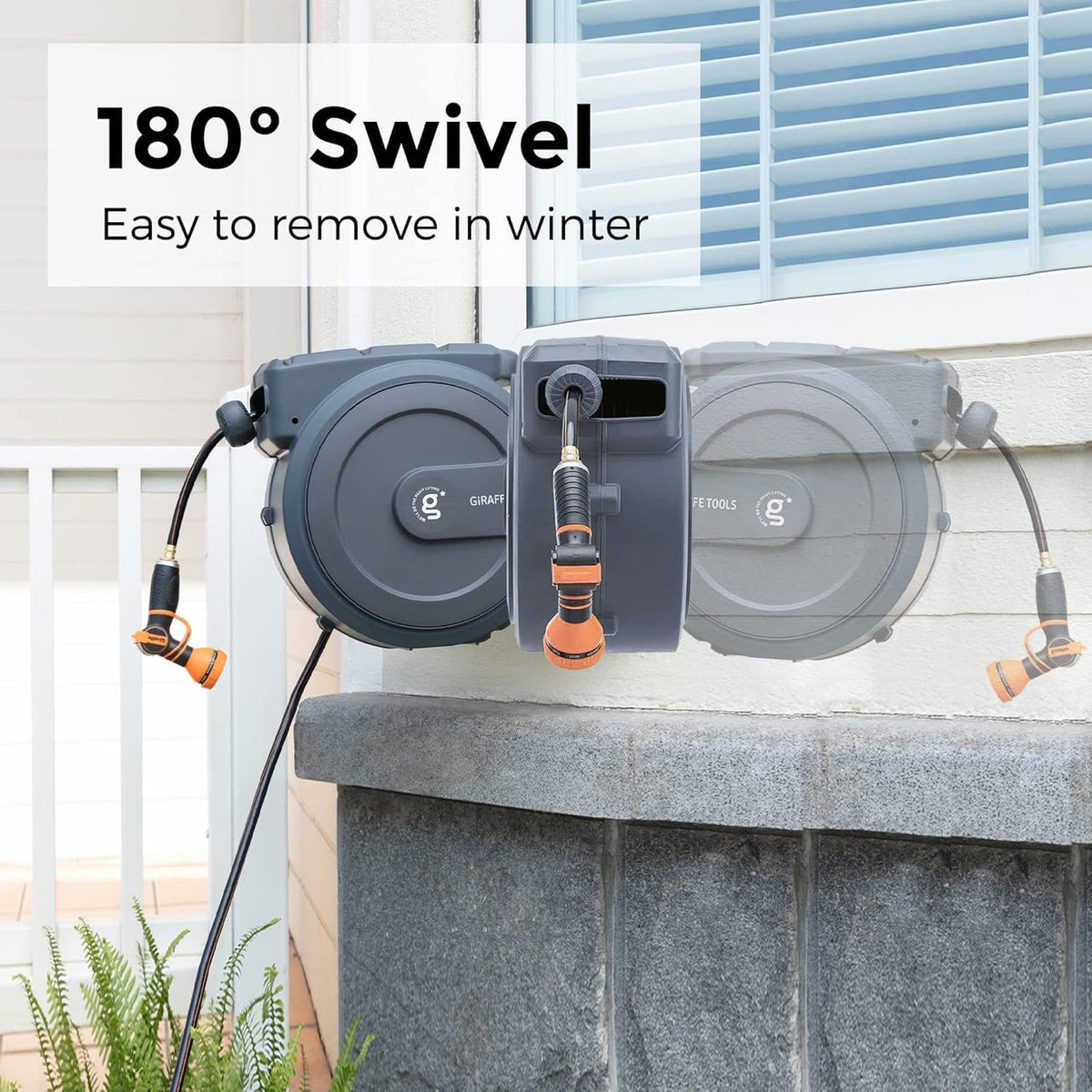 Swivel bracket supports flexible hose positioning for easy reach.