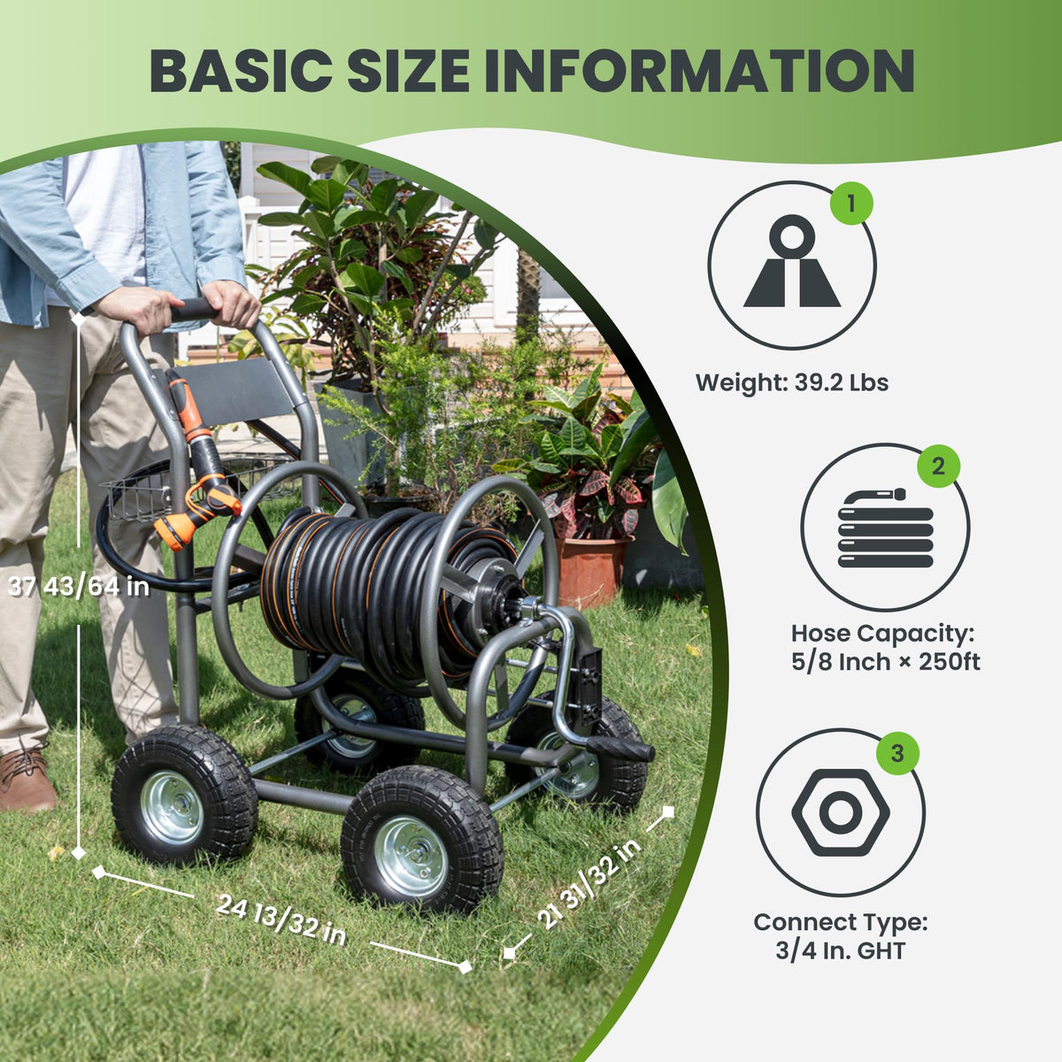 Giraffe Tools 250 ft capacity accommodates longer runs across lawns and patios.