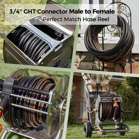 Giraffe Tools black and orange hose is highly visible in the yard.