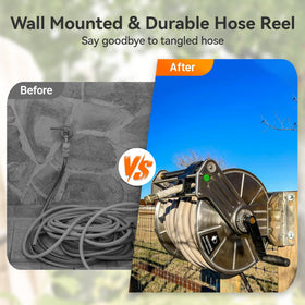 Giraffe Tools floor-mounted hose reel for sturdy, flexible placement in a workshop.