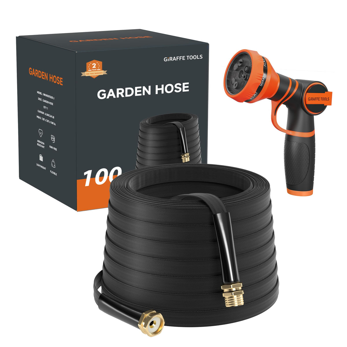 Giraffe Tools garden hose 100ft black lay-flat design for easy storage and flexibility.
