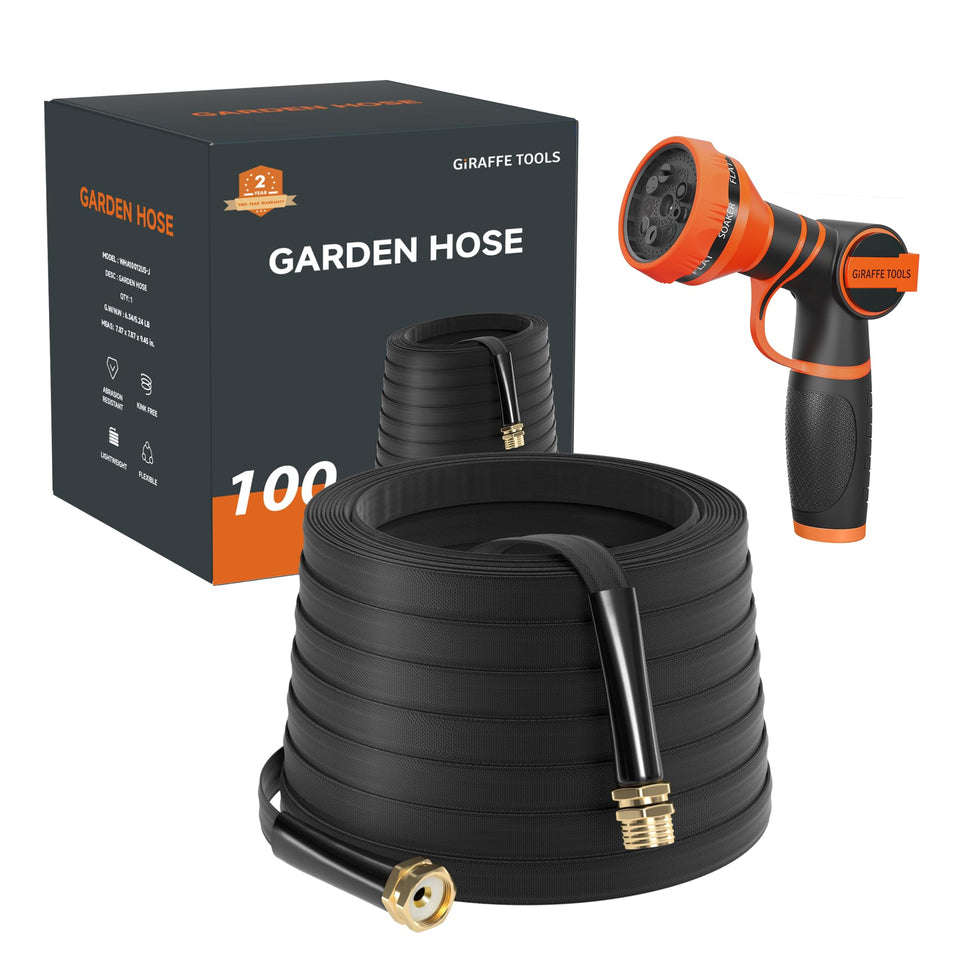 Giraffe Tools garden hose 100ft black lay-flat design for easy storage and flexibility.