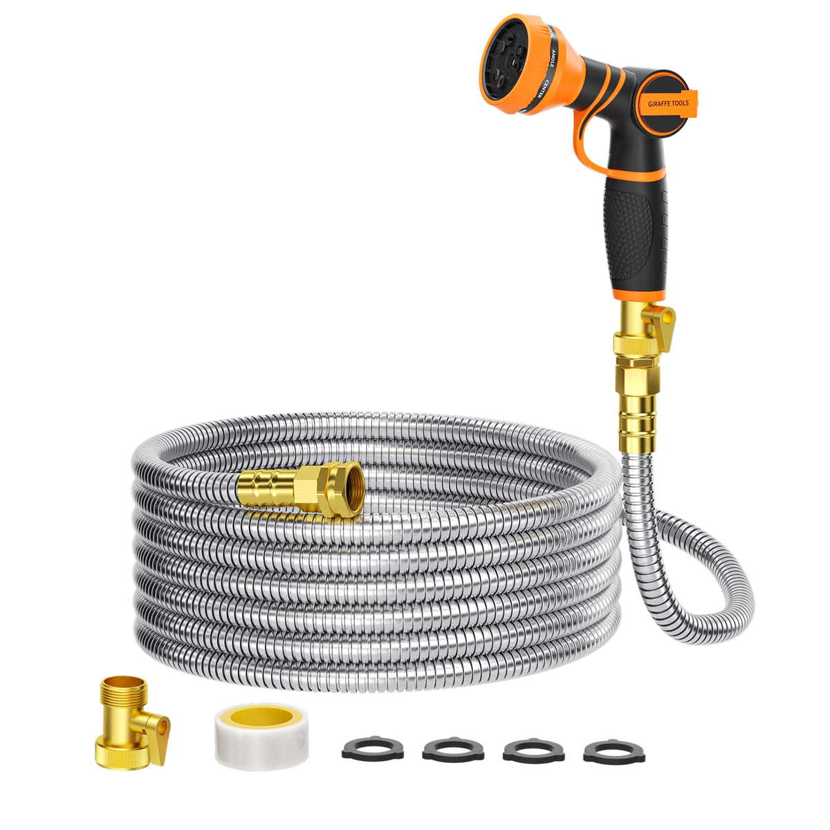 Giraffe Tools garden hose 50ft stainless steel body for tough, puncture-resistant outdoor use.