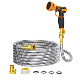 Giraffe Tools garden hose 50ft stainless steel body for tough, puncture-resistant outdoor use.