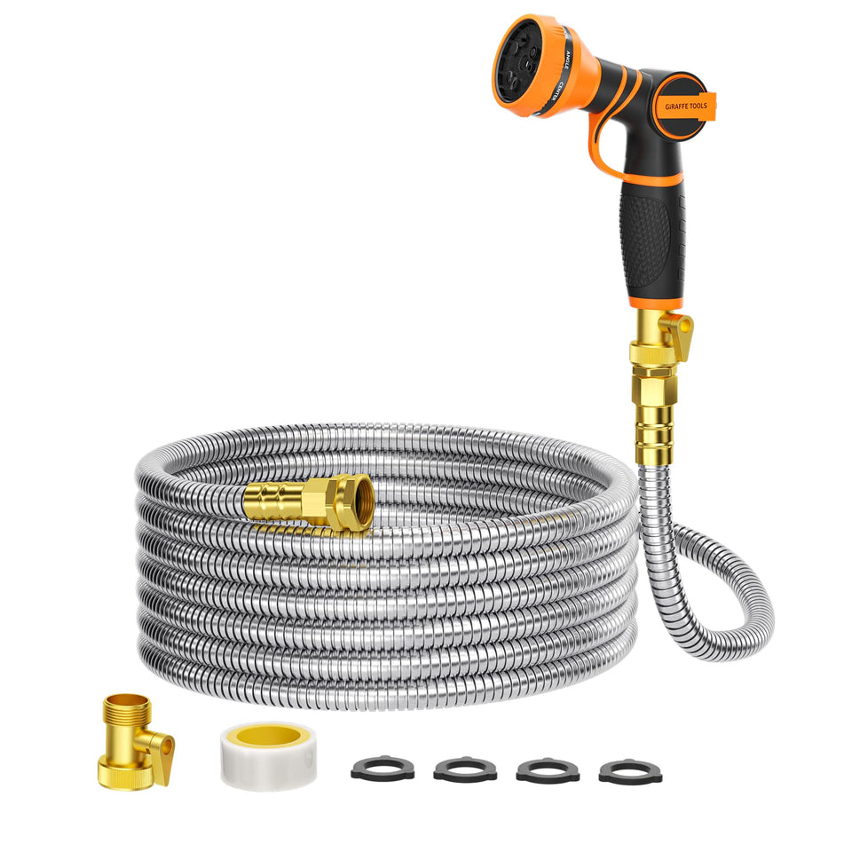 Giraffe Tools garden hose 50ft stainless steel body for tough, puncture-resistant outdoor use.